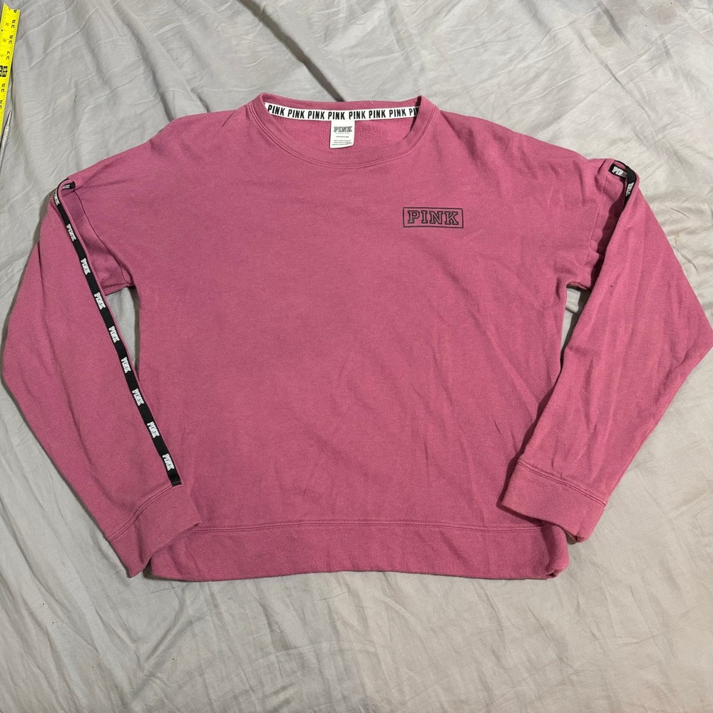 Victoria's Secret PINK‎ Crewneck Sweatshirt Pink Logo Tape Sleeve Pullover Small